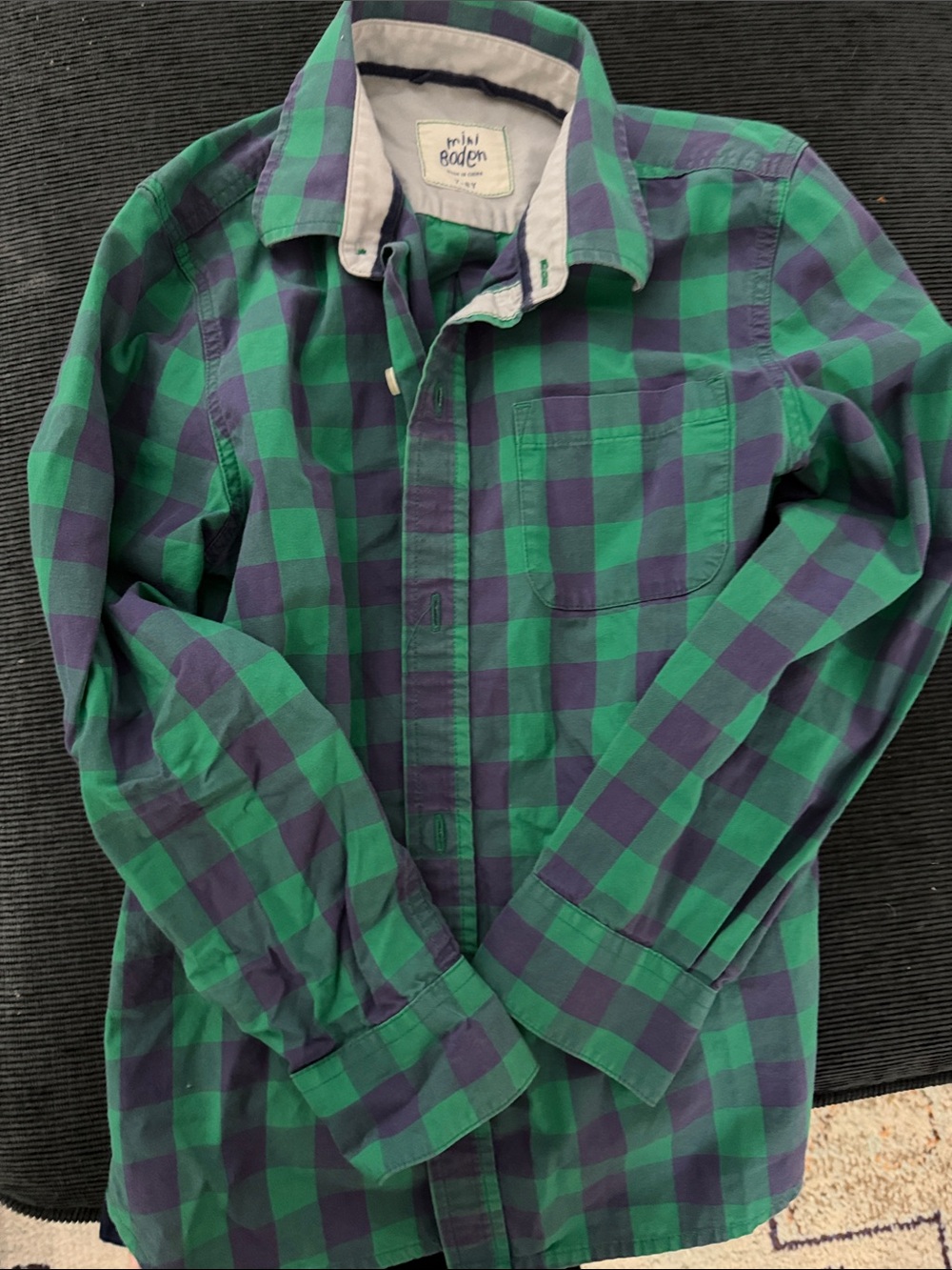 Mini Boden Green and Navy Plaid Button-Down Shirt